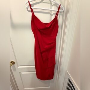 Red Cowl Neck Sheath Dress with Ruffle Detail